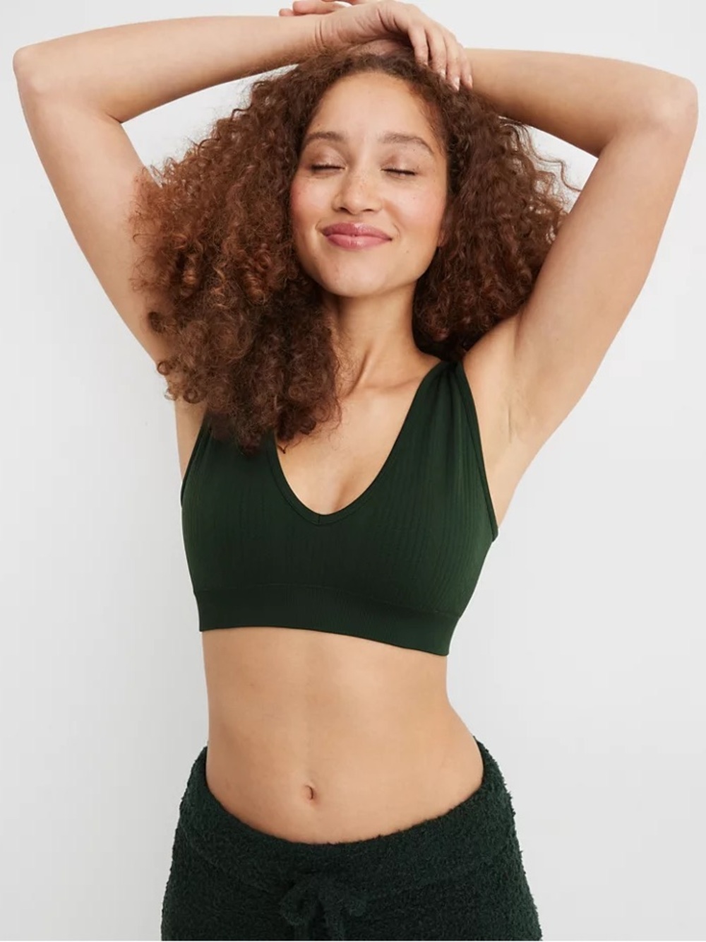 Aerie Seamless Green cable knit bralette with padding and deep neckline Small